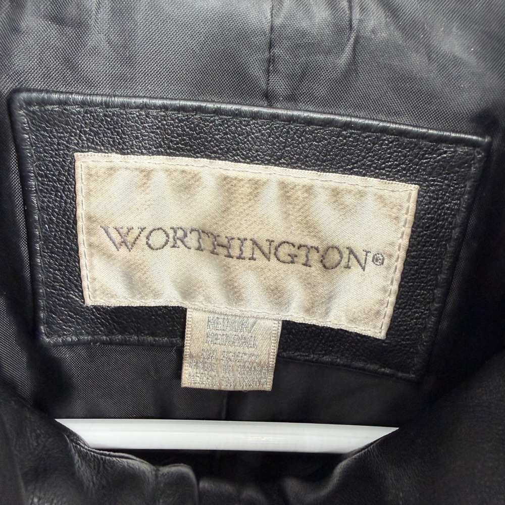 Worthington Womens Black Genuine Leather Belted Zip Up Jacket Size Medium - Picture 3 of 5